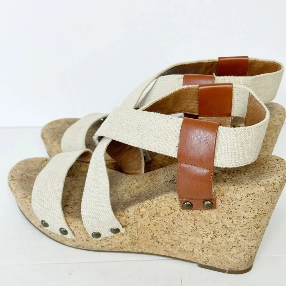 Lucky Brand Marla Cork Wedge Sandals Beige Tan Shoes Elastic Back Size 9 Boho